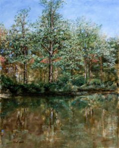 Woodland Shadows — an impressionistic forest landscape featuring tall trees mirrored in still water, painted by artist Nick Skaltsounis.