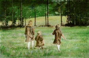 Oil painting titled Meadowlarks showing three children walking through a grassy meadow toward a line of tall trees under soft, filtered light.