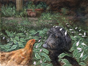 Acrylic painting titled Playing Chicken showing a black dog peeking through garden foliage while a brown chicken stands nearby among clay pots and lush greenery.