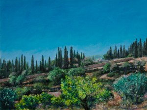 Oil painting titled Mediterranean Vista featuring rolling green hills, tall cypress trees, and lush vegetation beneath a bright blue Mediterranean Grecian sky.