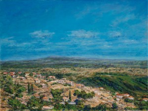 Oil painting titled Village Mountain Vista depicting a Greek Mediterranean hillside village with light‑colored homes, red roofs, lush greenery, and distant blue mountains beneath a bright sky.