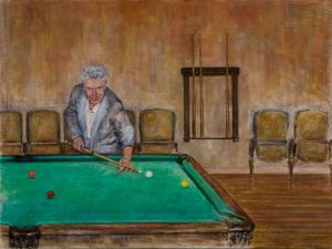 The Champ at Practice — a billiards scene by Nick Skaltsounis capturing a player lining up a shot in a warm, nostalgic interior.