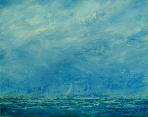 Open Water — an impressionist ocean painting by Nick Skaltsounis with textured blue‑green waves and a luminous, cloud‑like sky.