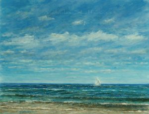 Along the Shore — an oil painting of a quiet shoreline with soft waves and a sailboat on the horizon under an expansive, cloud‑streaked sky.