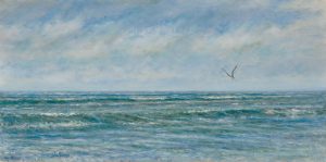 View from the Shore IV — an oil painting of calm ocean waves under a soft, cloud‑filled sky with a lone seagull in flight, created by artist Nick Skaltsounis.